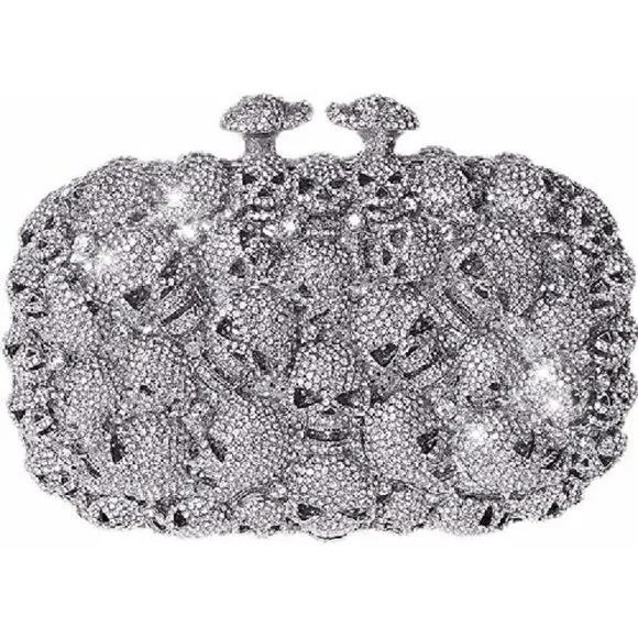NWT Sparkling Bling Crystal Rhinestone Skull Clutch Purse Silver Gold +F… - Picture 4 of 11